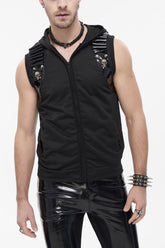 T-shirt sans manches à capuche zippée texturée avec clip à balle en cuir verni crâne métal punk noir pour homme